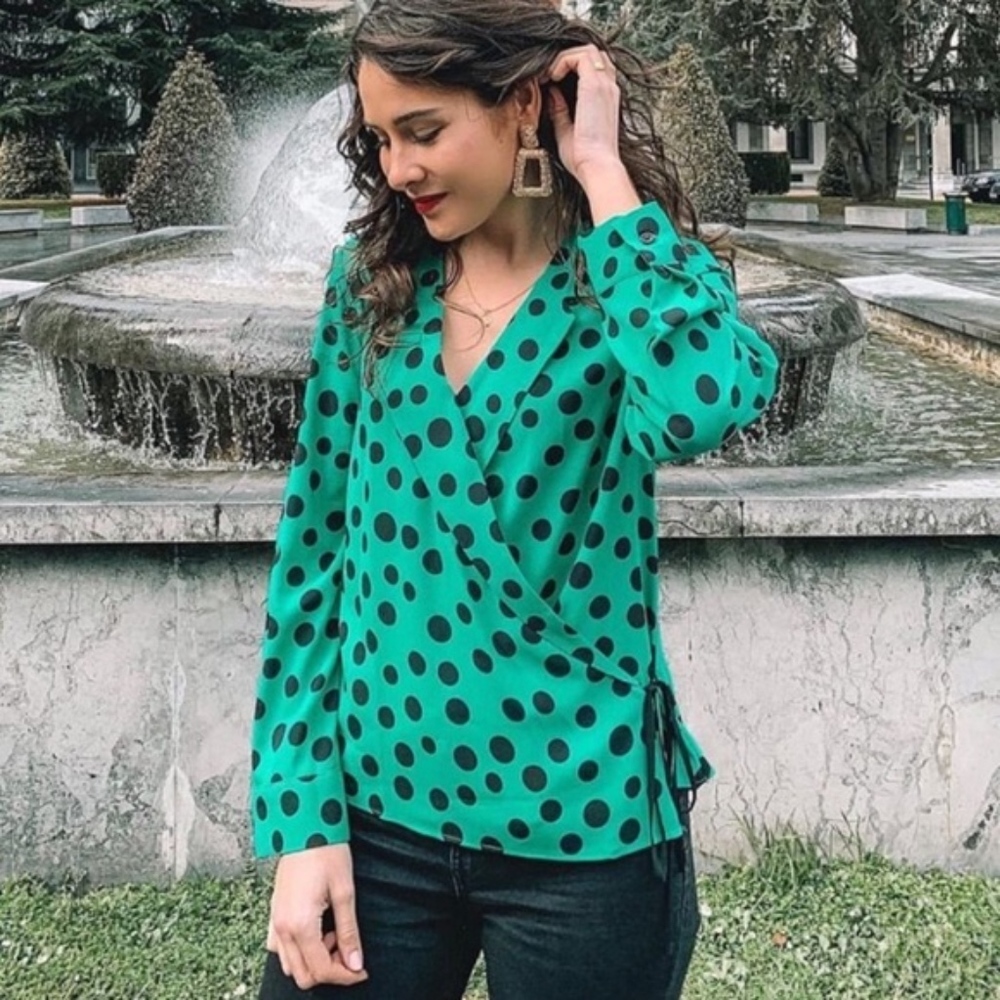 ZARA POLKA DOT Black Green BLOUSE XS 205/mn - Picture 4 of 7